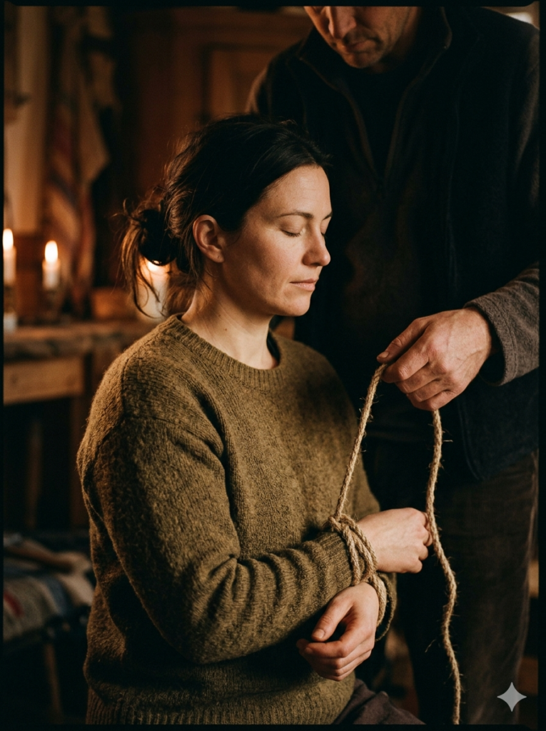Frau hält ein Juteseil in den Händen – erster Kontakt mit dem Seil beim Shibari für Paare