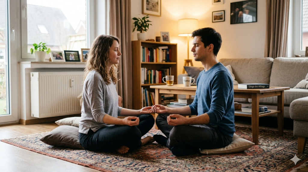 Paar sitzt sich im Wohnzimmer gegenüber und kommt gemeinsam zur Ruhe – Sinnlichkeit in der Beziehung