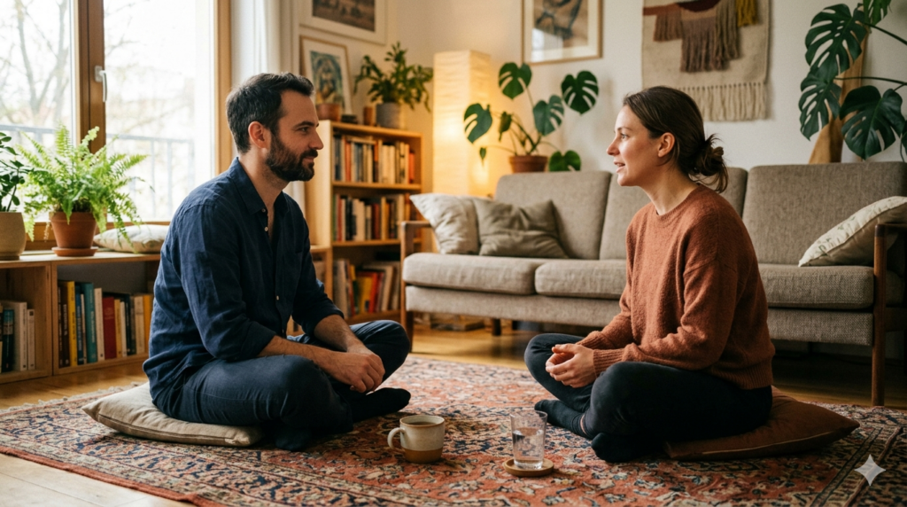 Paar im Gespräch im Wohnzimmer – achtsame Kommunikation vor der gemeinsamen Seilpraxis