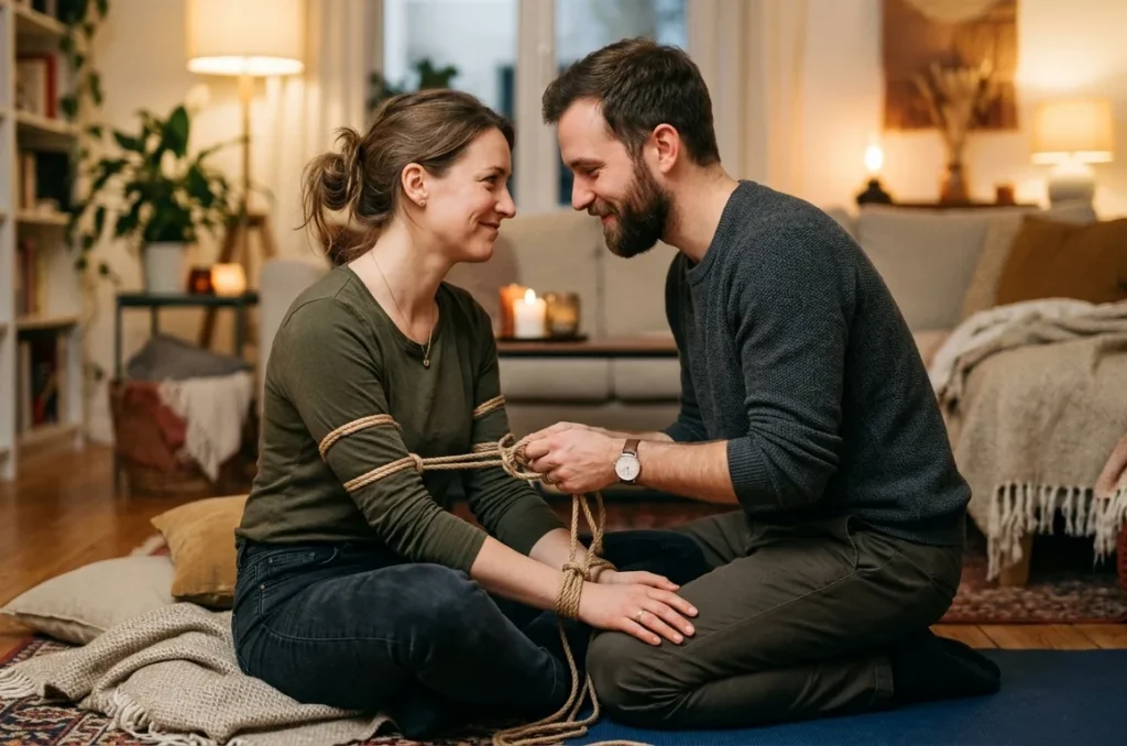 Paar übt entspannt emotionales Fesseln zu Hause – EmoTy® Intimität ohne Sex