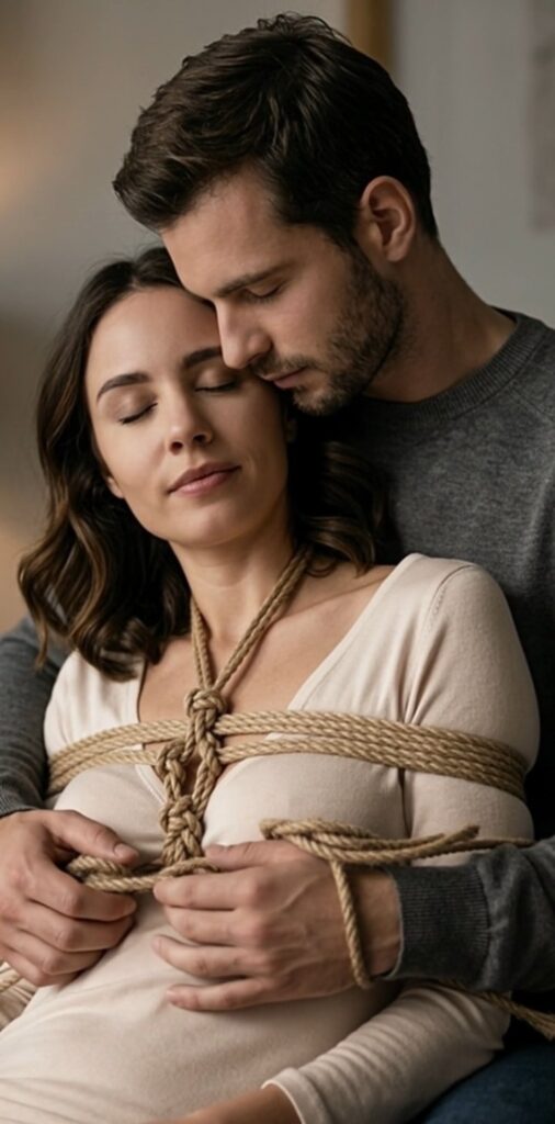 Paar Wange an Wange mit geschlossenen Augen beim achtsamen Shibari